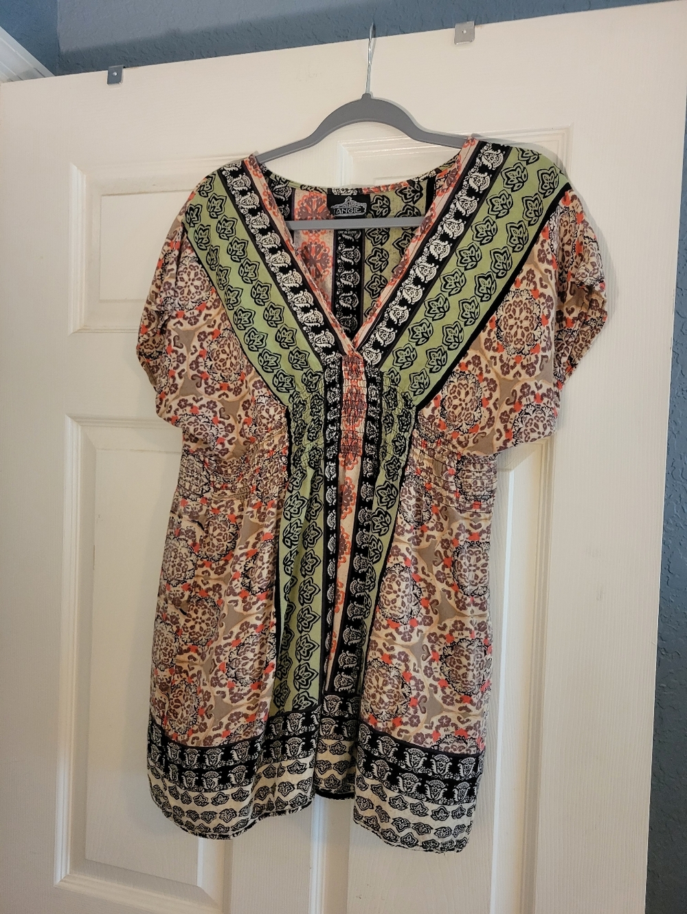 Angie Multi Print Tunic Blouse Women's Size Medium Peasant Festival Top
